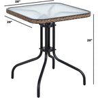 Table carrée en verre trempé BTEXPERT pour intérieur et extérieur, 28 po, avec garniture en rotin noir et 3 chaises empilables en rotin noir pour restaurant