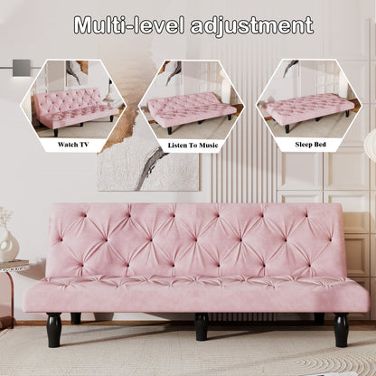 Canapé-lit 3 places en velours rose bébé 66 avec cadre en bois robuste et coussin en mousse hautement élastique pour le salon
