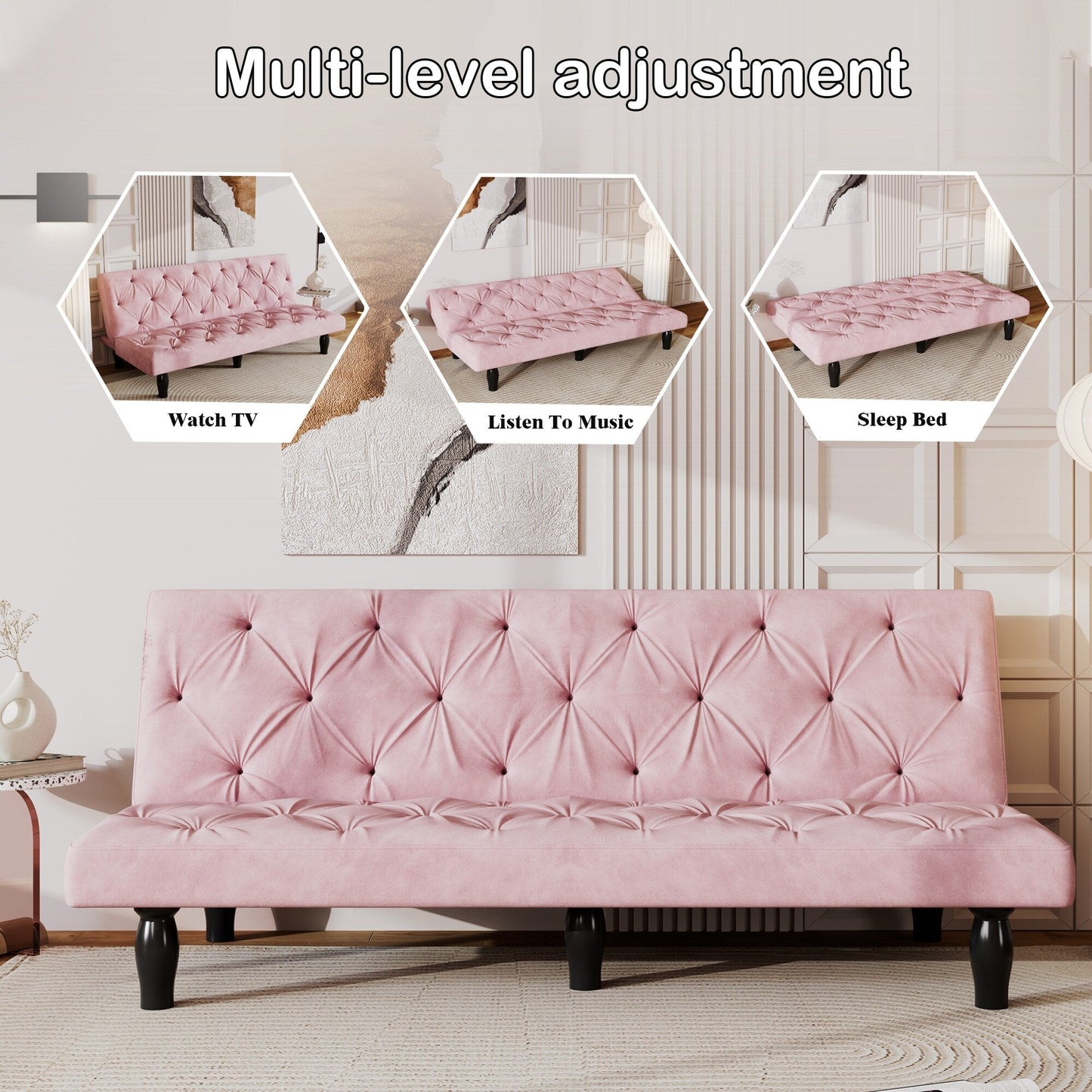 Canapé-lit 3 places en velours rose pâle avec cadre en bois