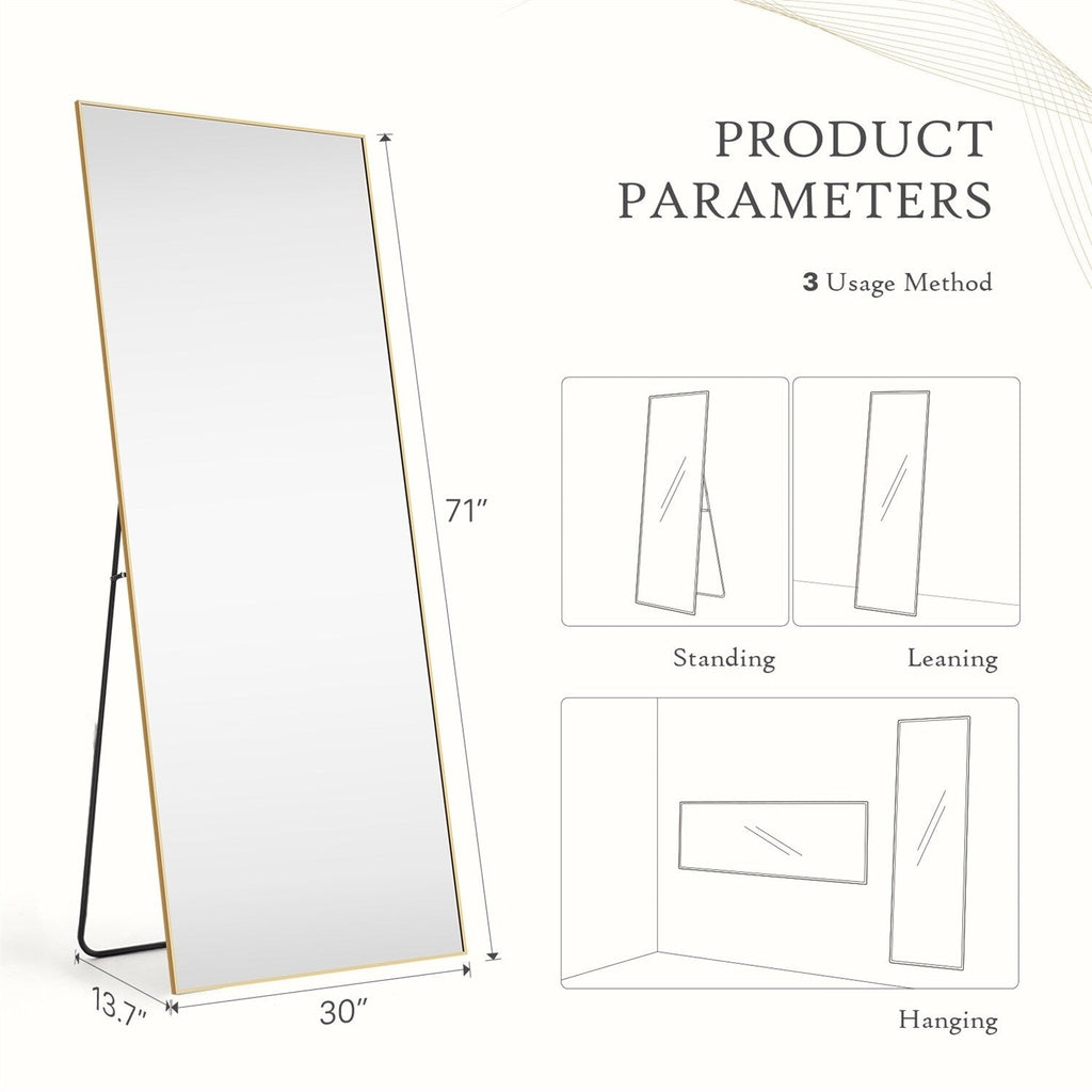 Miroir pleine longueur avec support, miroir de sol avec cadre en alliage d'aluminium pour chambre à coucher, miroir mural sur pied pour vestiaire