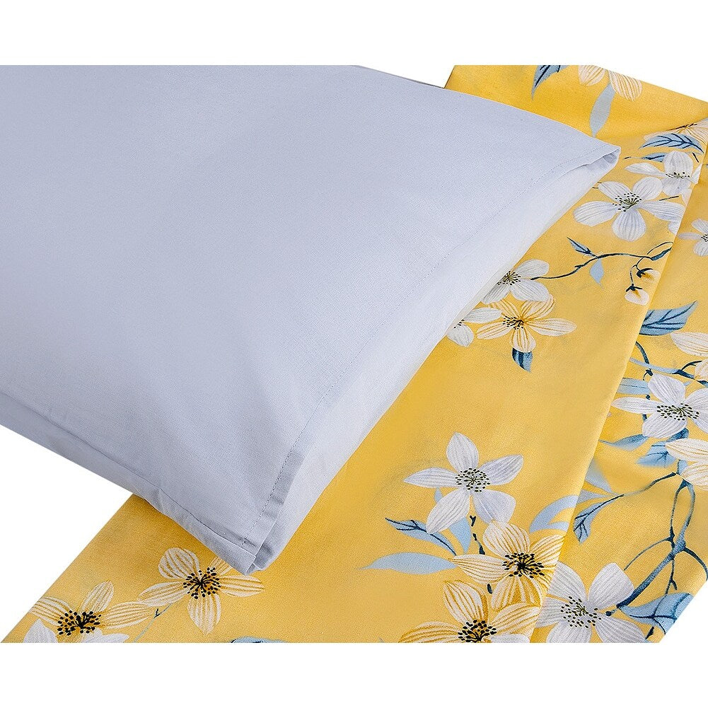 Parure de lit en coton jaune et gris à motif fleurs de cerisier Bahar