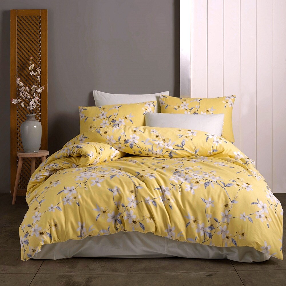 Parure de lit en coton jaune et gris à motif fleurs de cerisier Bahar