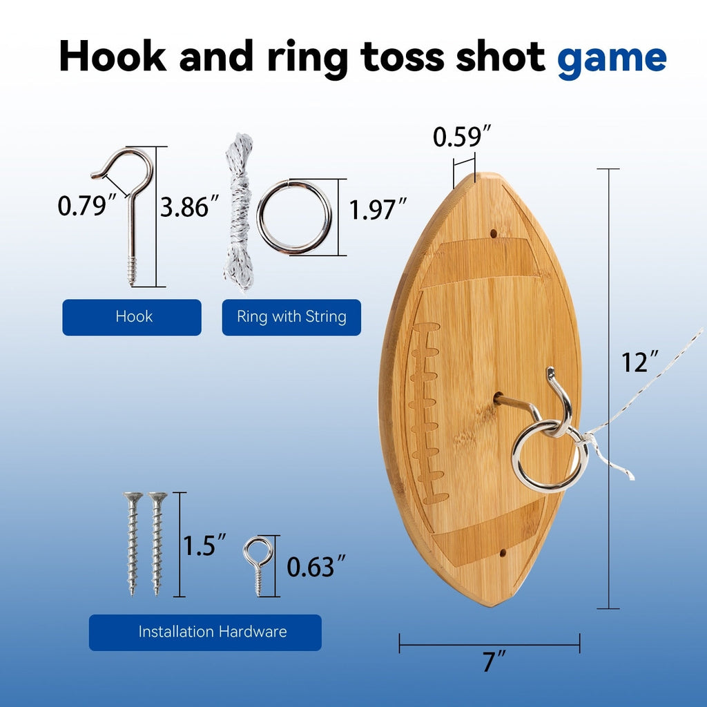 Jeu de lancer d'anneaux et de crochets de football GSE™. Jeu de lancer d'anneaux mural en bambou naturel pour l'extérieur et l'intérieur.
