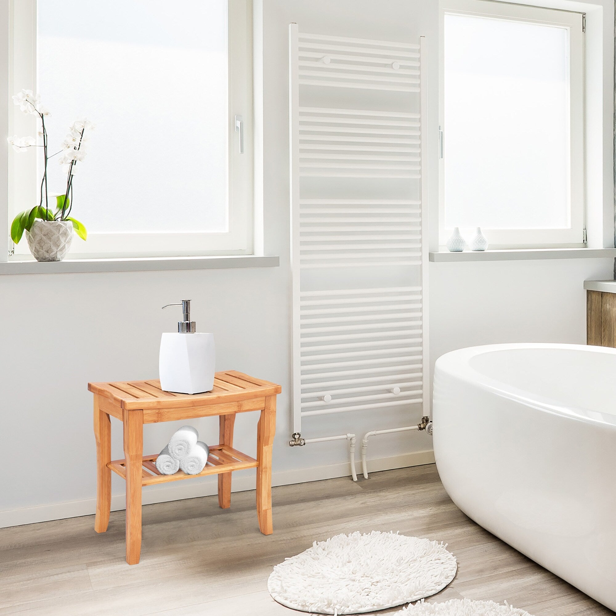 Bamboo Shower Bench Seat Bathroom Spa Chair Seat with Storage Shelf - Natural