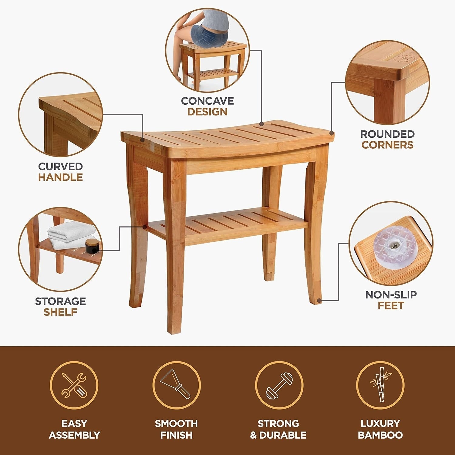 Banc de douche en bambou, tabouret de spa - Siège en bois à 2 niveaux, repose-pieds, tabouret de rasage avec pieds antidérapants et étagère de rangement