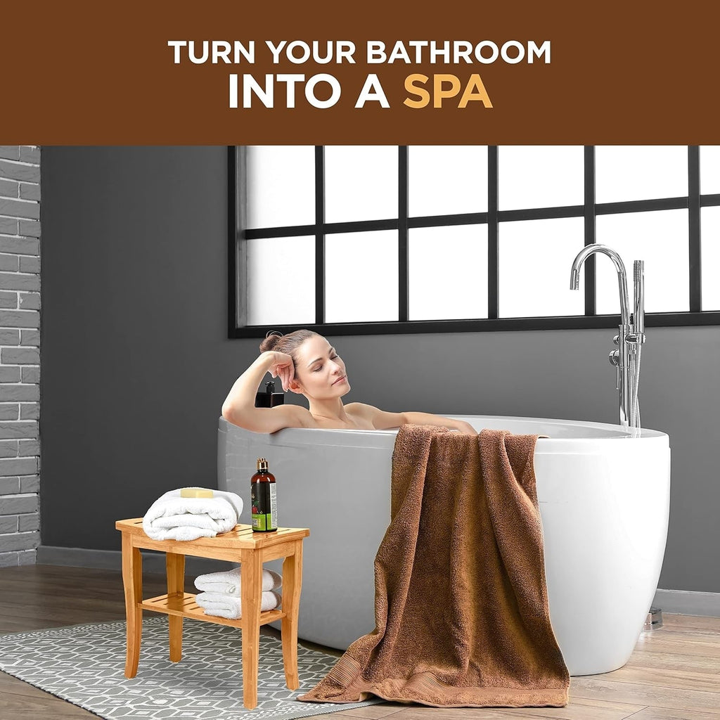 Banc de douche en bambou, tabouret de spa - Siège en bois à 2 niveaux, repose-pieds, tabouret de rasage avec pieds antidérapants et étagère de rangement