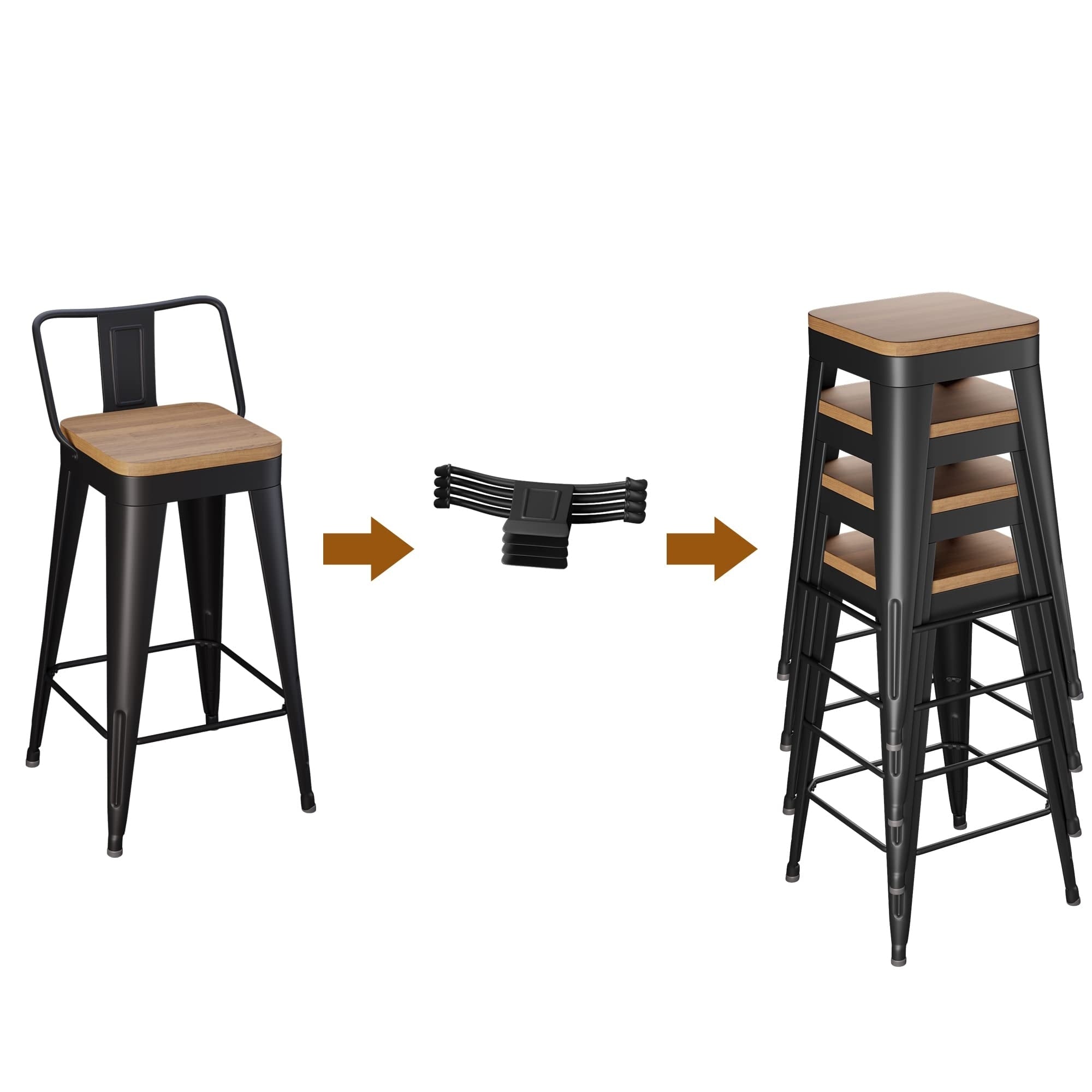 Lot de 4 tabourets de bar industriels en métal avec dossier et assise en bois