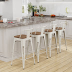 Lot de 4 tabourets de bar industriels en métal avec dossier et assise en bois