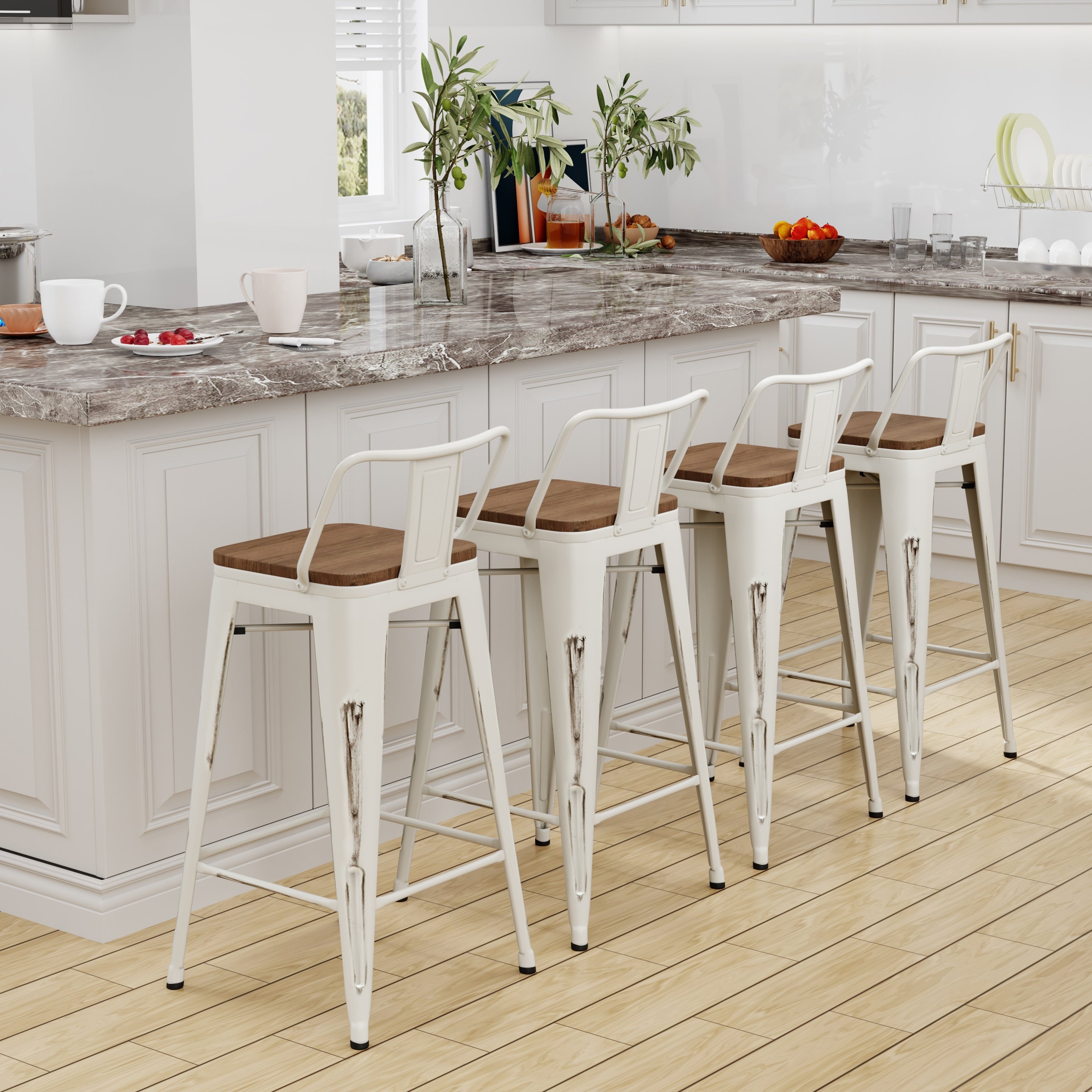 Lot de 4 tabourets de bar industriels en métal avec dossier et assise en bois
