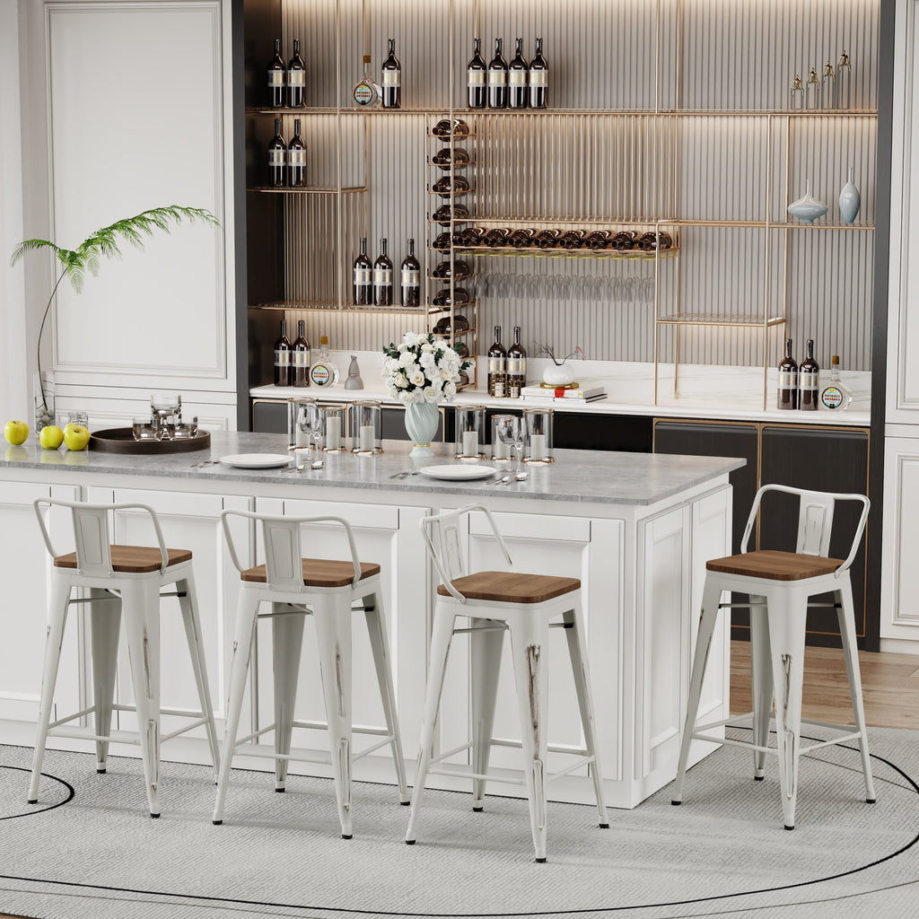 Lot de 4 tabourets de bar industriels en métal avec dossier et assise en bois