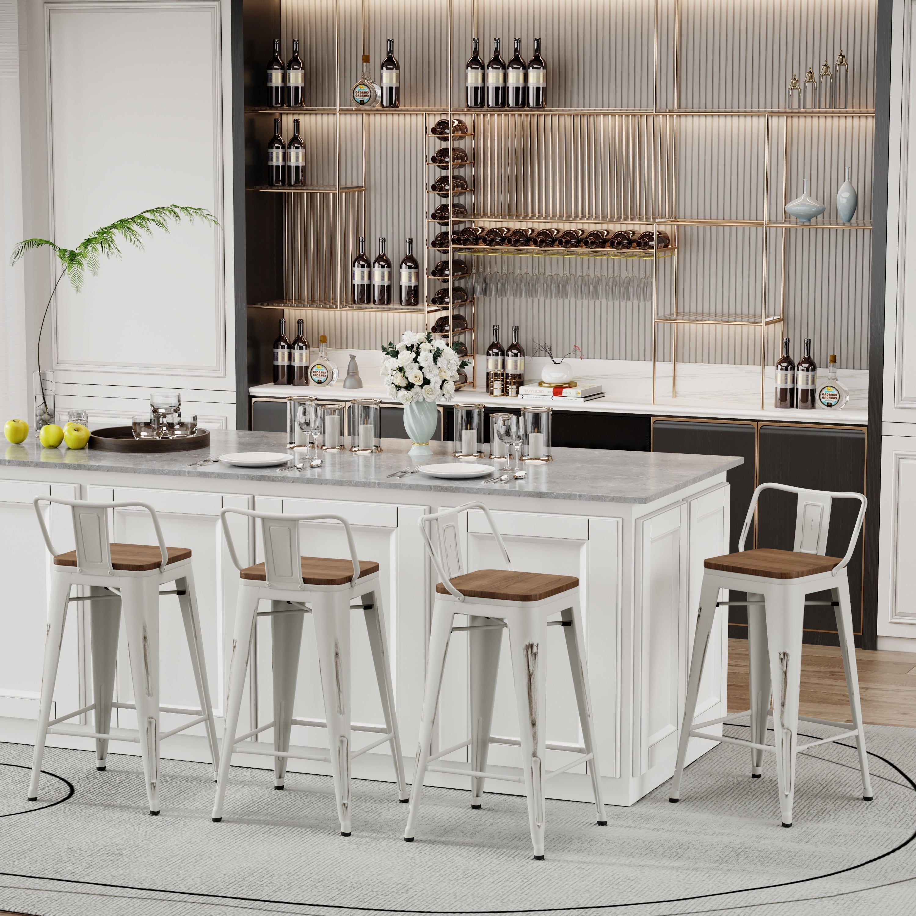 Lot de 4 tabourets de bar industriels en métal avec dossier et assise en bois