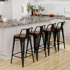Lot de 4 tabourets de bar industriels en métal avec dossier et assise en bois
