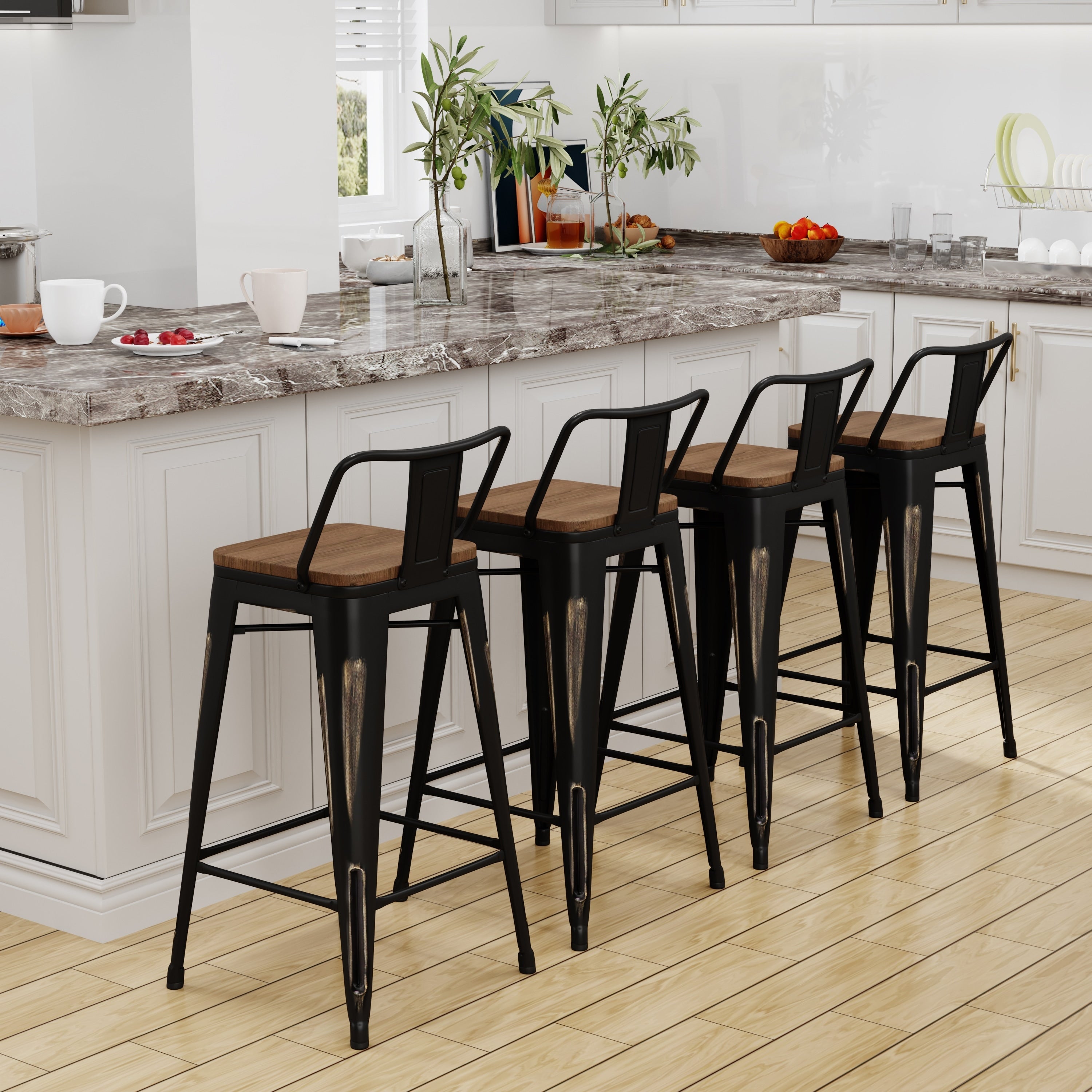 Lot de 4 tabourets de bar industriels en métal avec dossier et assise en bois