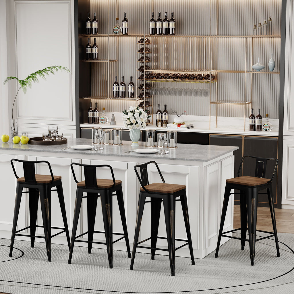 Lot de 4 tabourets de bar industriels en métal avec dossier et assise en bois