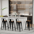 Lot de 4 tabourets de bar industriels en métal avec dossier et assise en bois