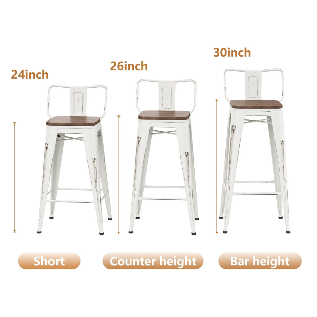 Lot de 4 tabourets de bar industriels en métal avec dossier et assise en bois