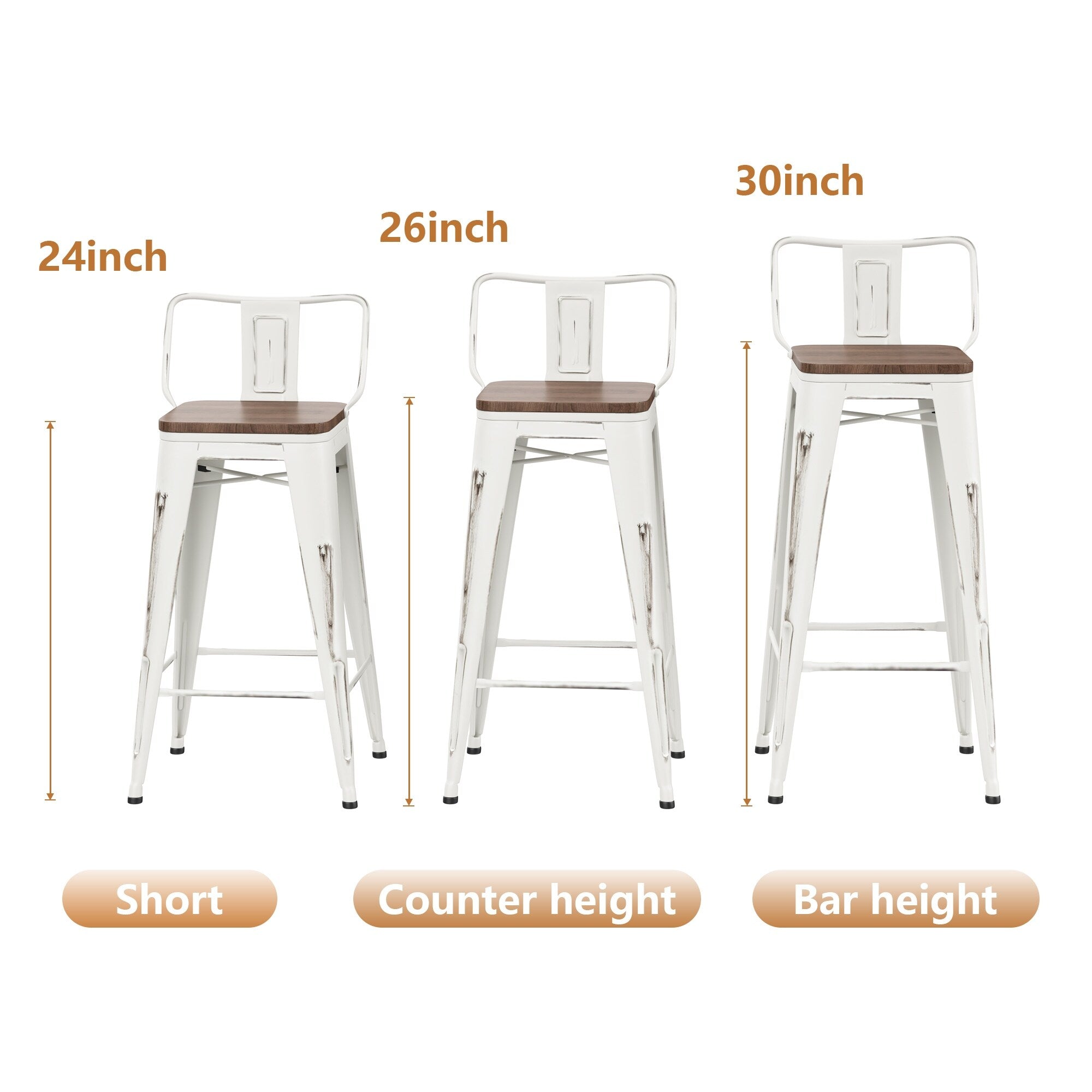 Lot de 4 tabourets de bar industriels en métal avec dossier et assise en bois