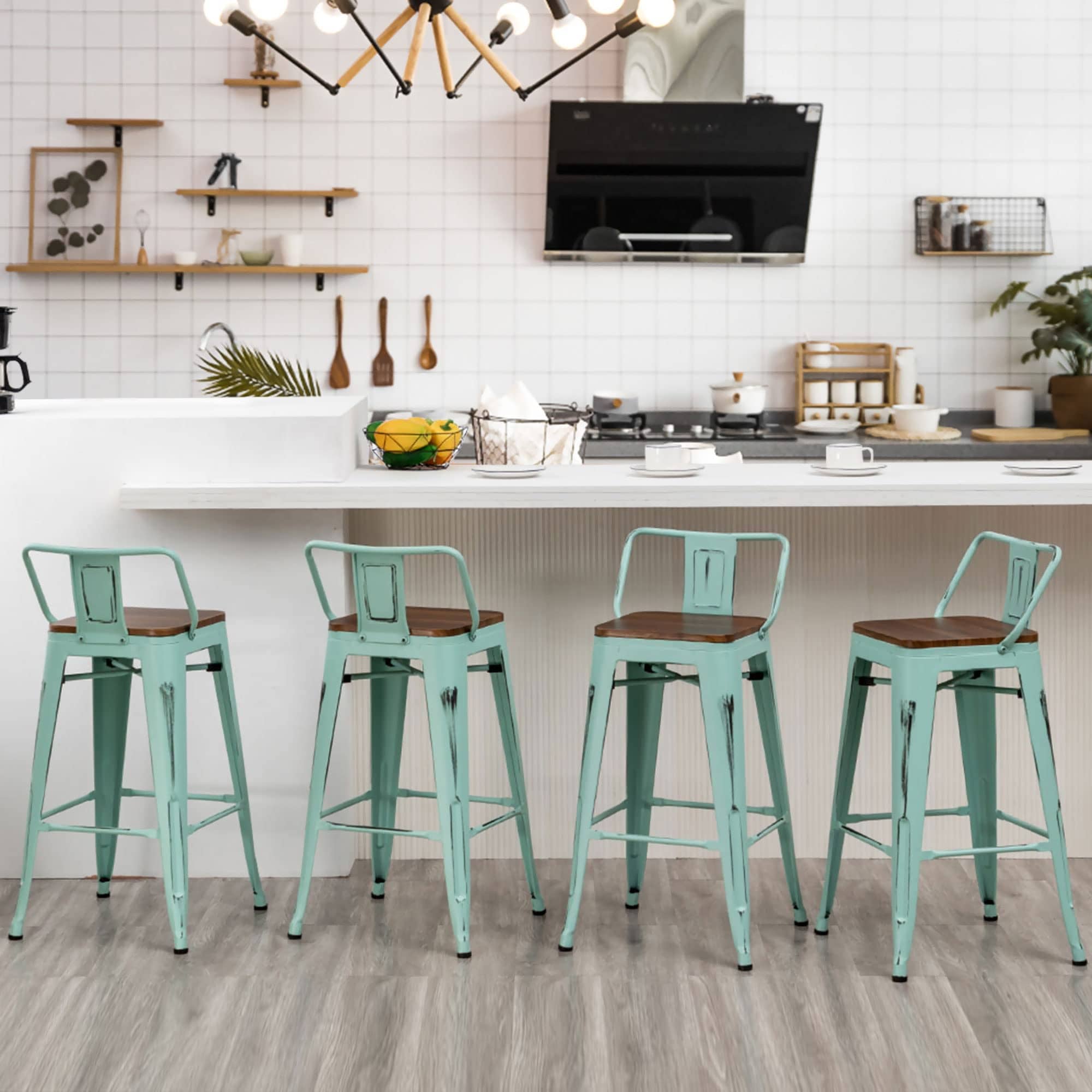 Lot de 4 tabourets de bar industriels en métal avec dossier et assise en bois