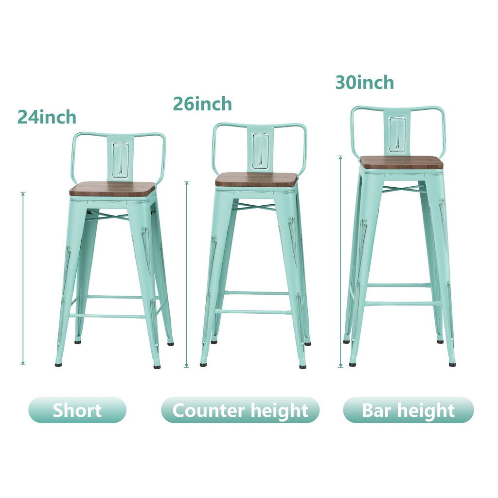 Lot de 4 tabourets de bar industriels en métal avec dossier et assise en bois