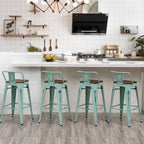 Lot de 4 tabourets de bar industriels en métal avec dossier et assise en bois