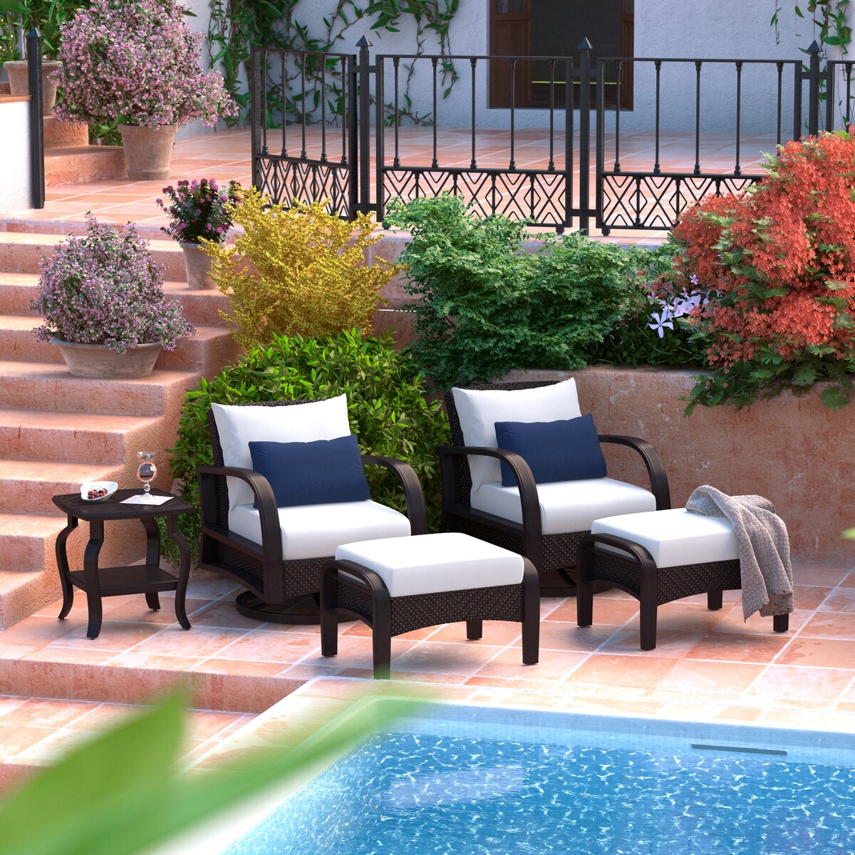 Ensemble de fauteuils club et poufs d'extérieur Barcelo 5 pièces Sunbrella Motion