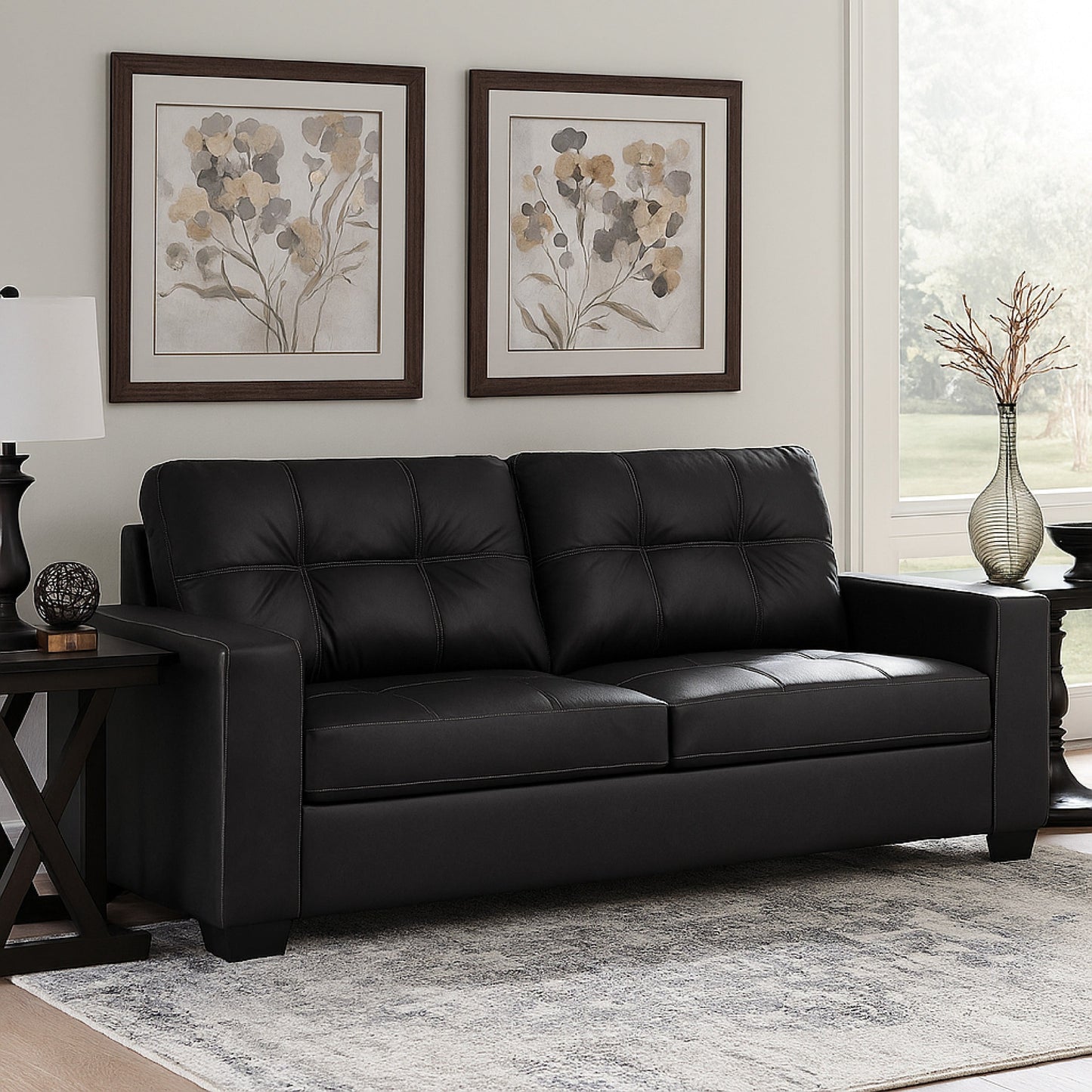 Canapé Barl, style moderne, 85 pouces, capitonné, en similicuir noir riche