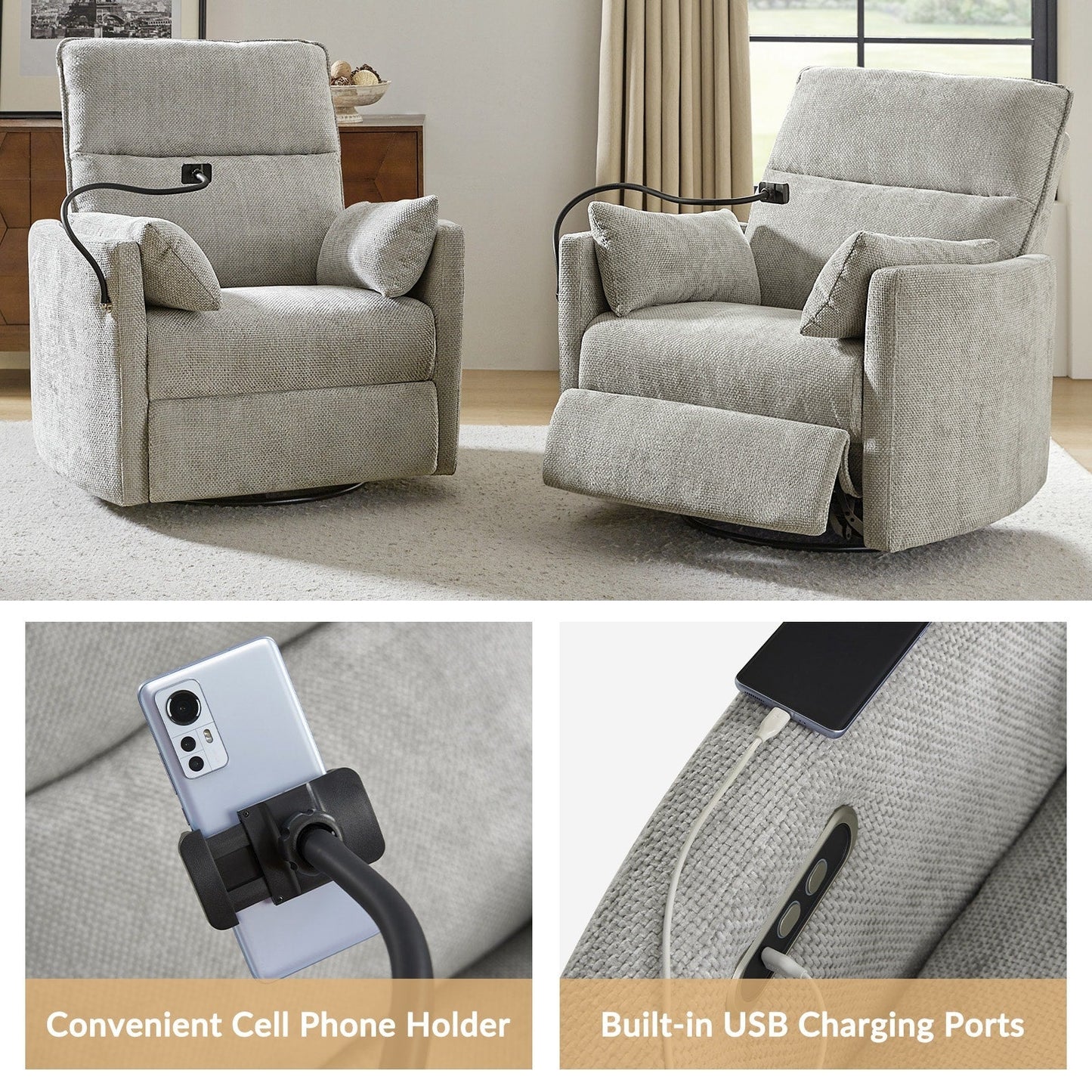 Fauteuil inclinable pivotant et électrique Barry Modern 38 avec ports USB par HULALA HOME