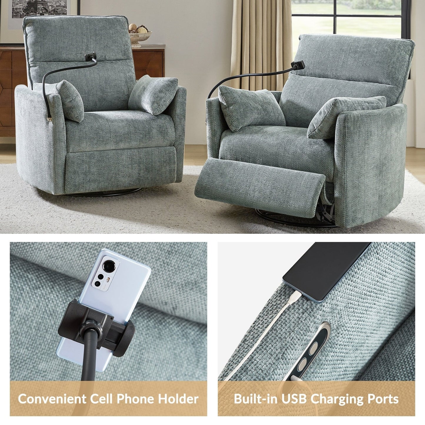 Fauteuil inclinable pivotant et électrique Barry Modern 38 avec ports USB par HULALA HOME