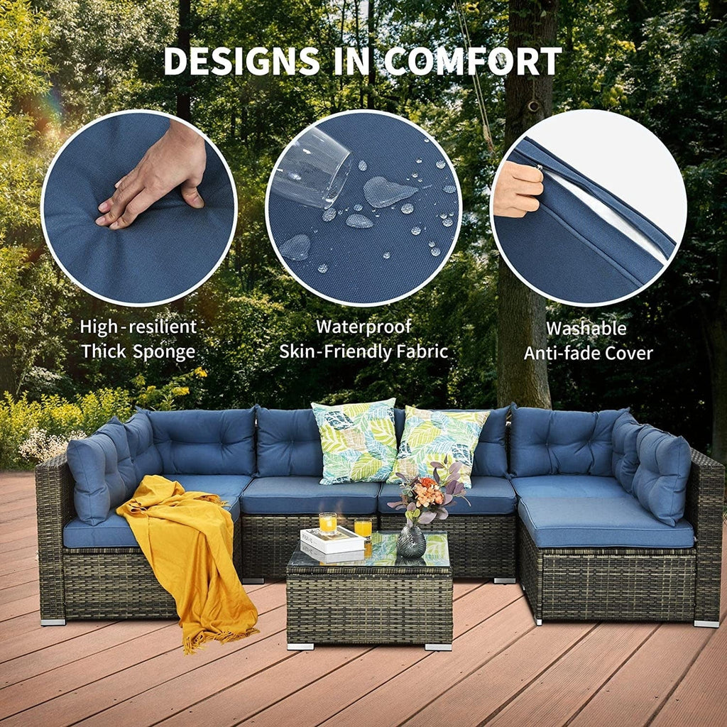 Ensemble de canapés de patio sectionnels en osier Bavorov 7 pièces bleu marine