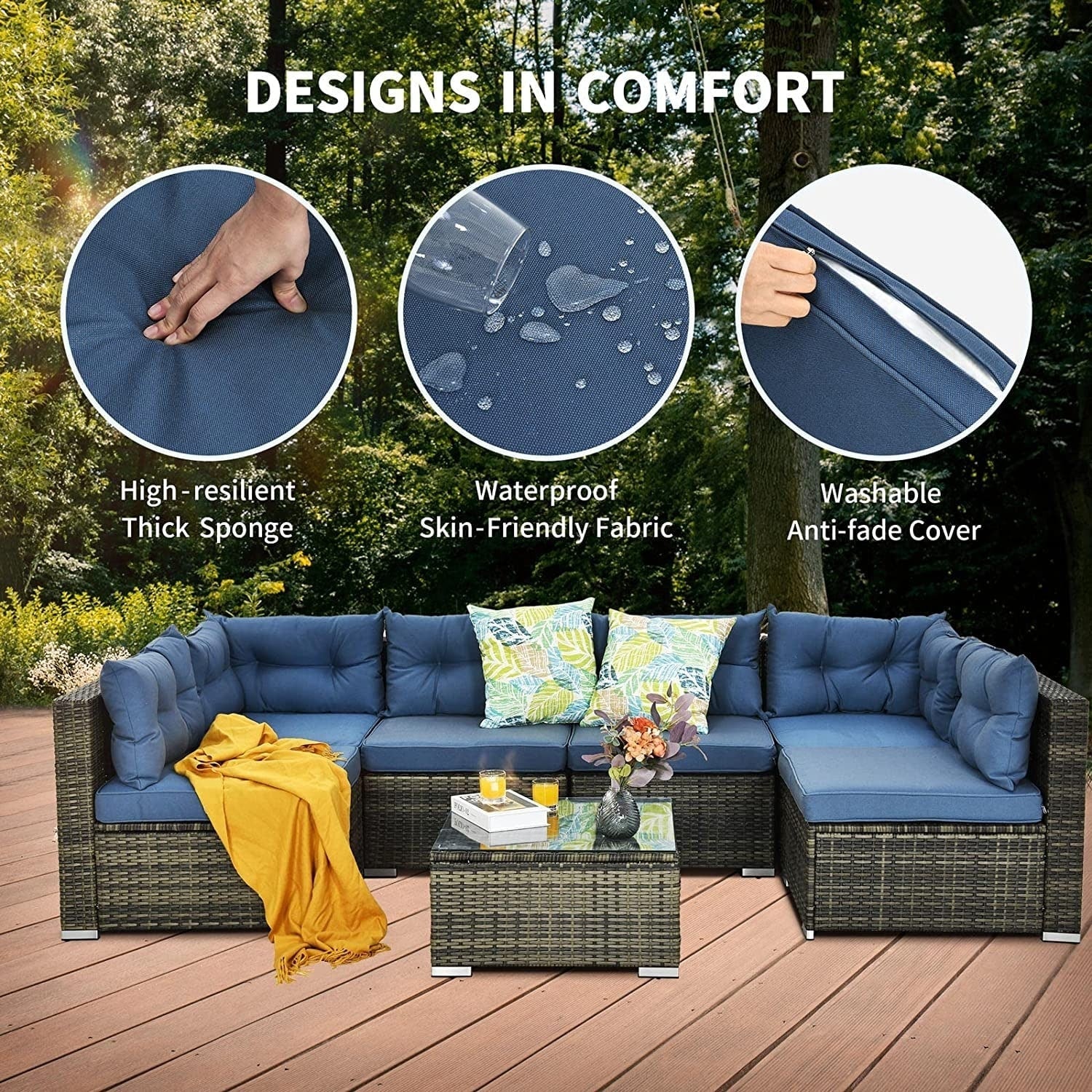 Ensemble de canapés de patio sectionnels en osier Bavorov 7 pièces bleu marine