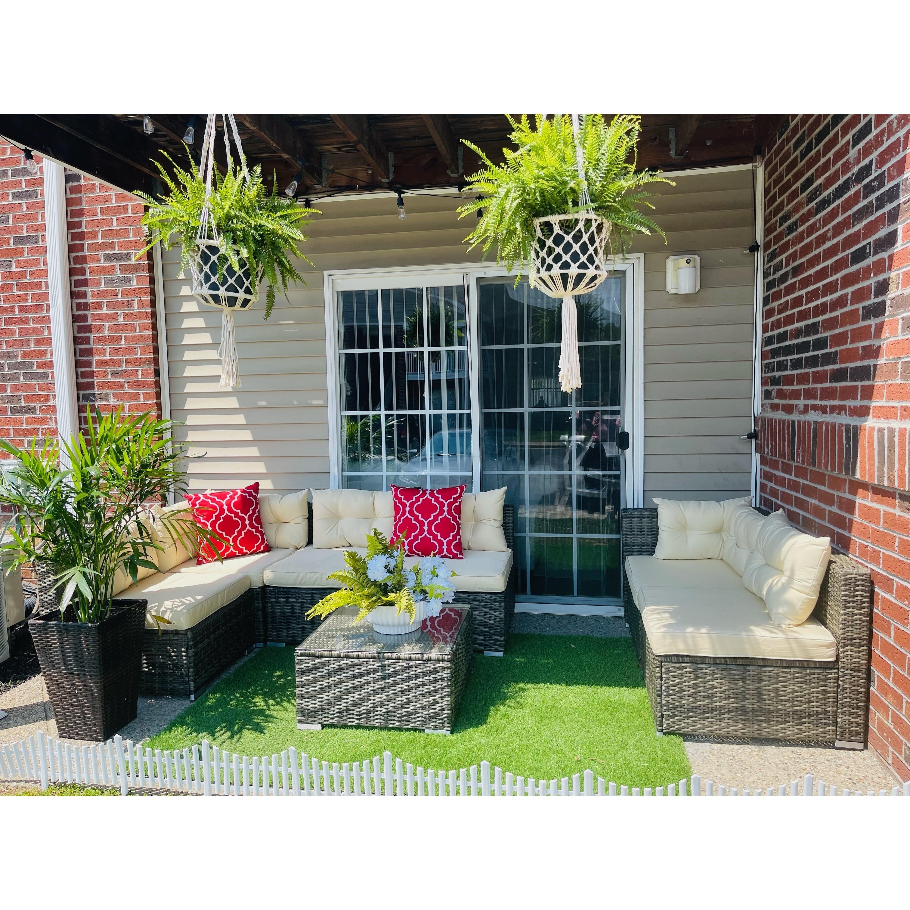 Ensemble de salon de jardin 7 pièces en osier avec canapé sectionnel et table basse et coussins Moasis