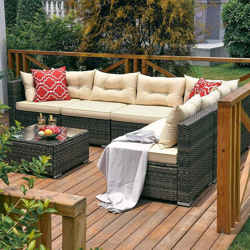 Ensemble de salon de jardin 7 pièces en osier avec canapé sectionnel et table basse et coussins Moasis