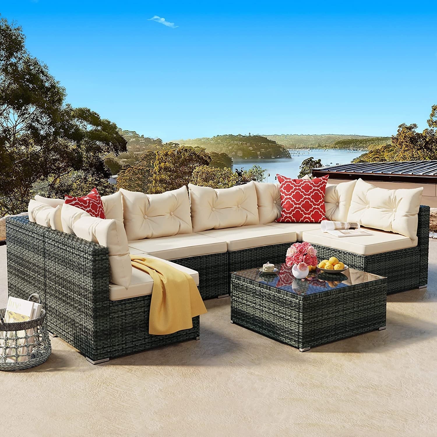 Ensemble de salon de jardin 7 pièces en osier avec canapé sectionnel et table basse et coussins Moasis