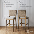 Tabouret de bar Beacon Bohemian Boucle, chaise de comptoir rembourrée avec cadre en bois massif et dossier en jonc de mer tressé