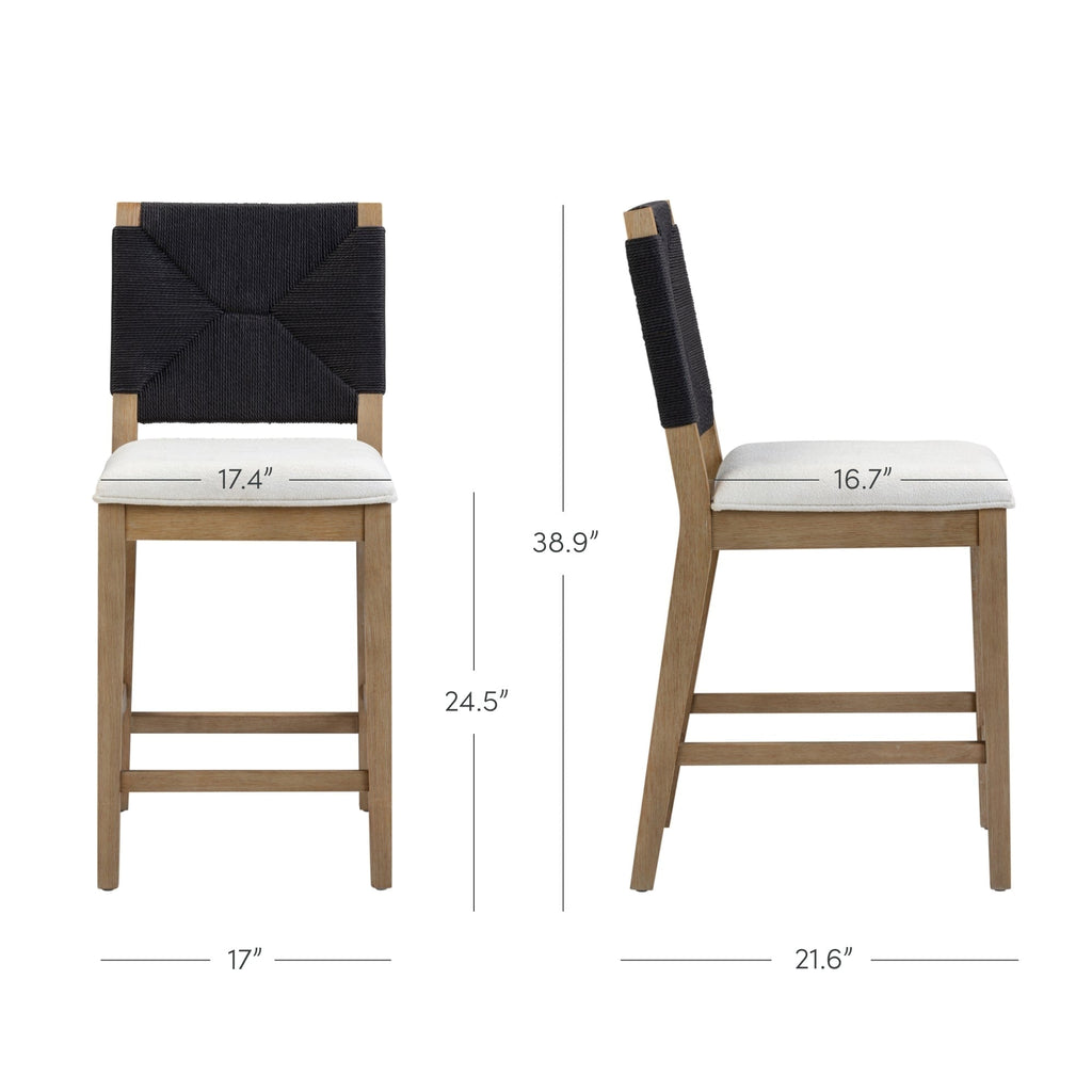 Tabouret de bar Beacon Bohemian Boucle, chaise de comptoir rembourrée avec cadre en bois massif et dossier en jonc de mer tressé