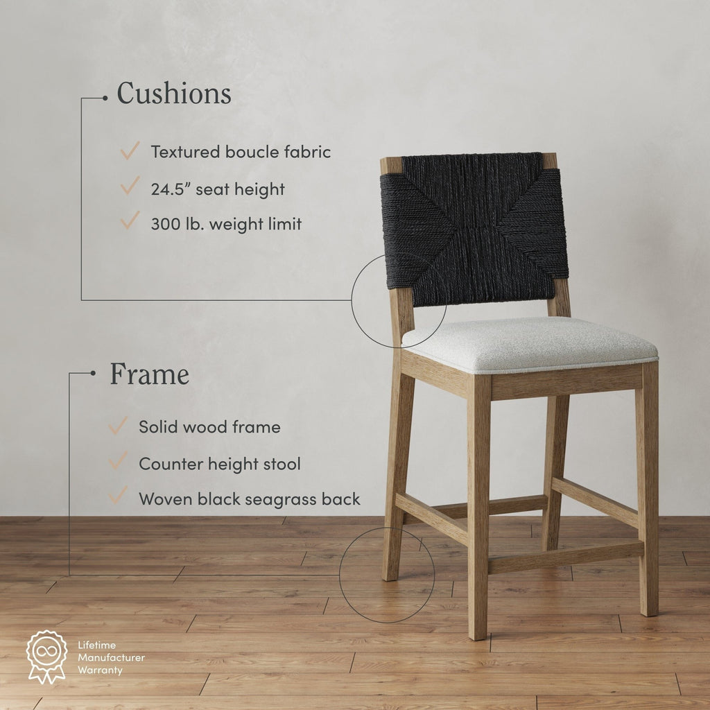 Tabouret de bar Beacon Bohemian Boucle, chaise de comptoir rembourrée avec cadre en bois massif et dossier en jonc de mer tressé