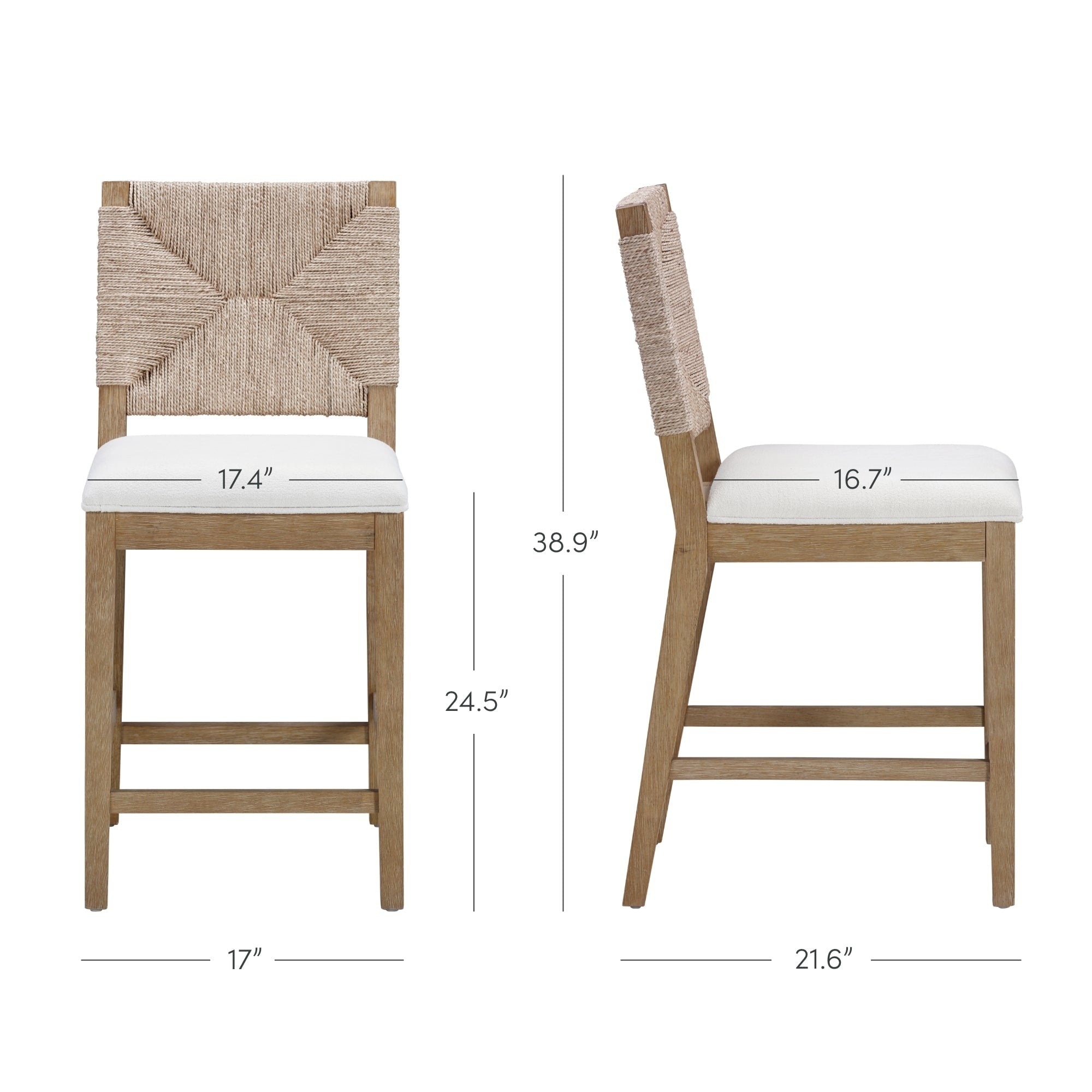 Tabouret de bar Beacon Bohemian Boucle, chaise de comptoir rembourrée avec cadre en bois massif et dossier en jonc de mer tressé