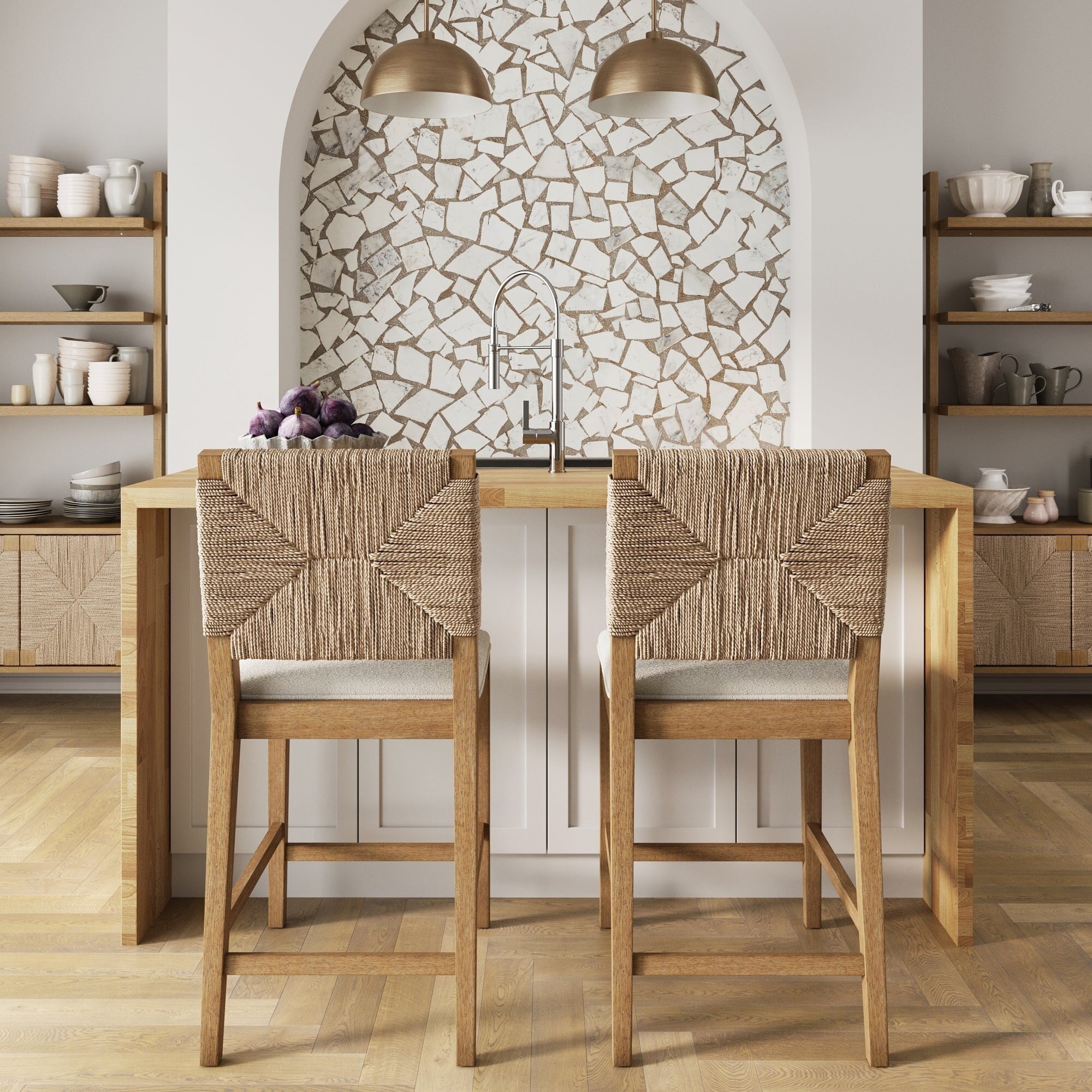 Tabouret de bar Beacon Bohemian Boucle, chaise de comptoir rembourrée avec cadre en bois massif et dossier en jonc de mer tressé