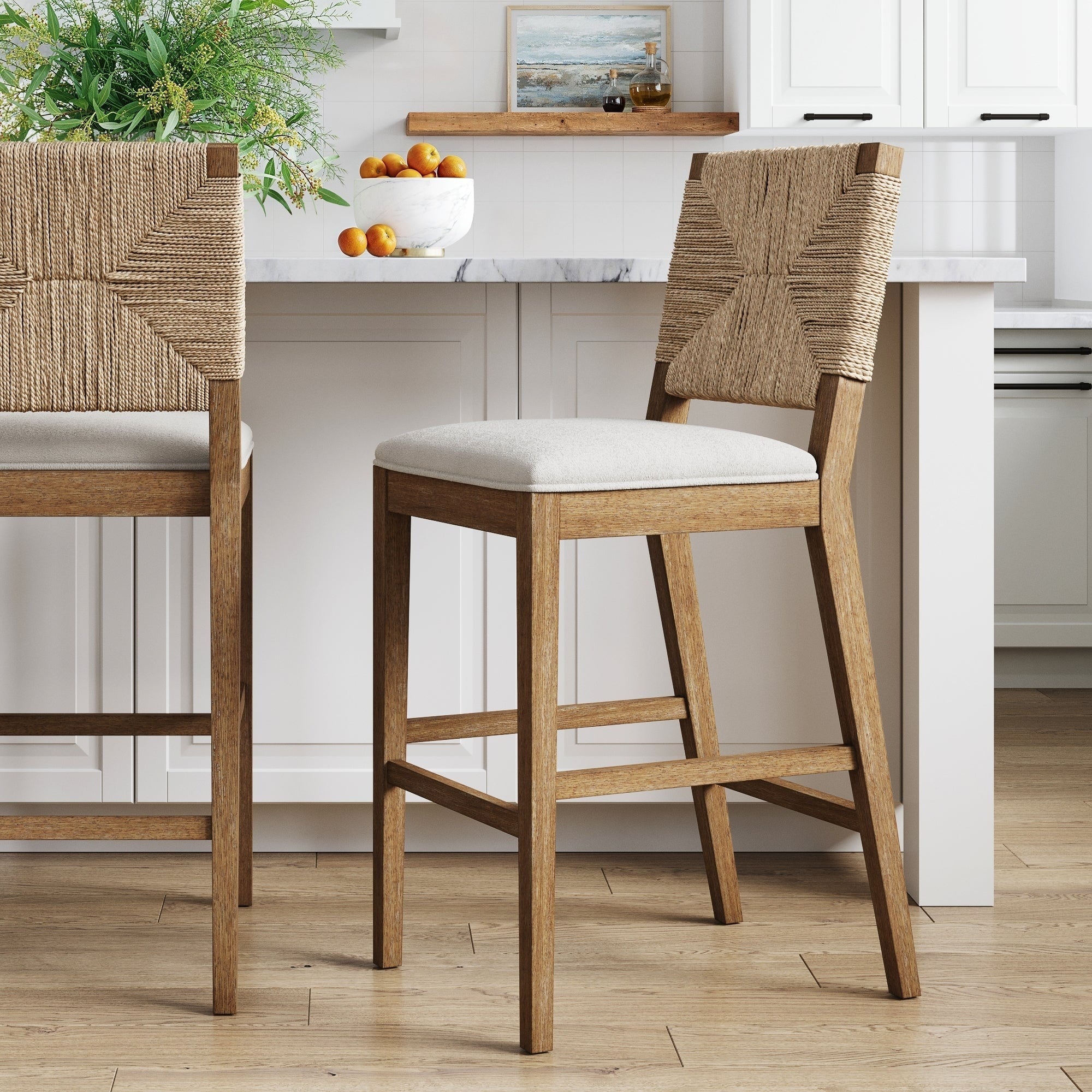 Tabouret de bar Beacon Bohemian Boucle, chaise de comptoir rembourrée avec cadre en bois massif et dossier en jonc de mer tressé