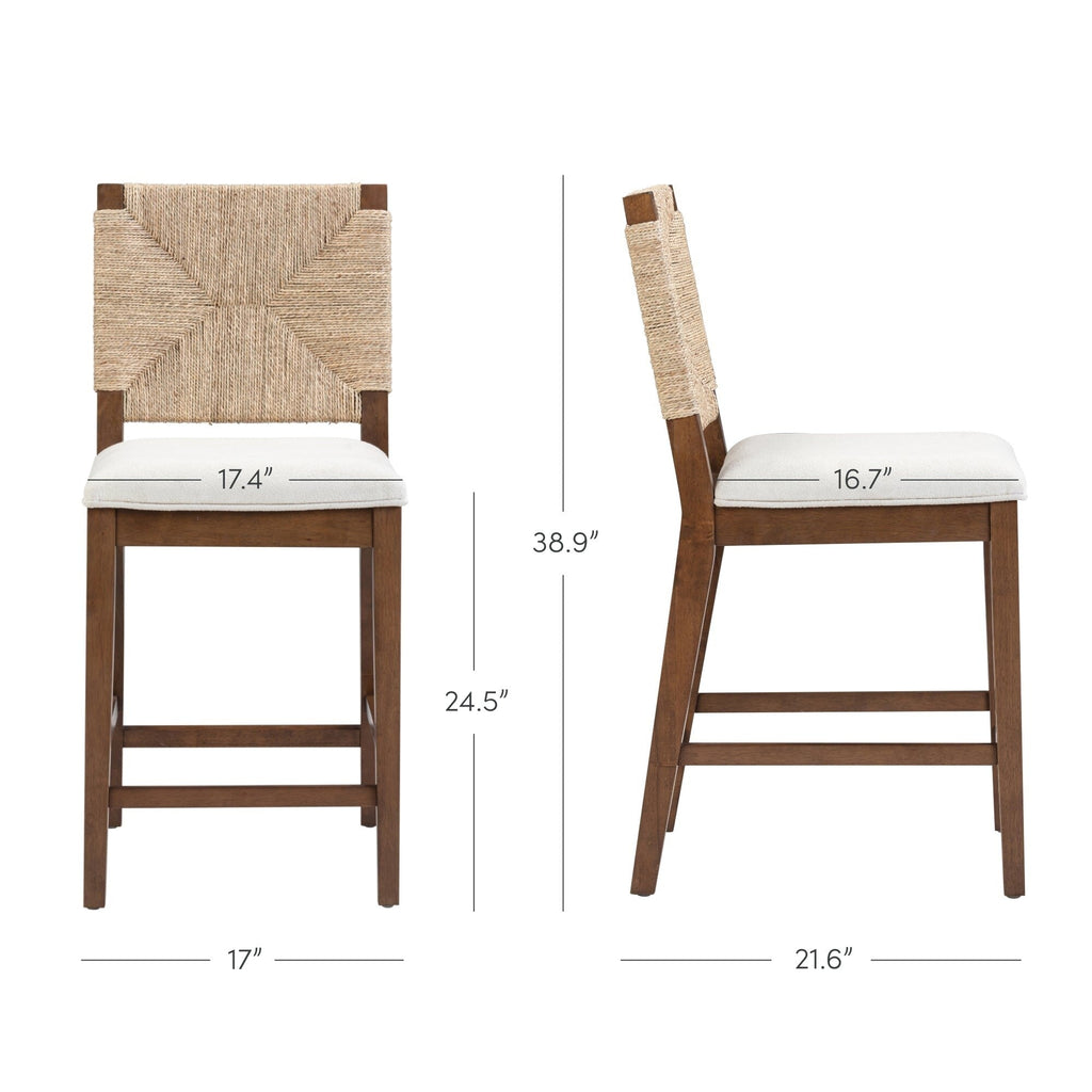 Tabouret de bar Beacon Bohemian Boucle, chaise de comptoir rembourrée avec cadre en bois massif et dossier en jonc de mer tressé