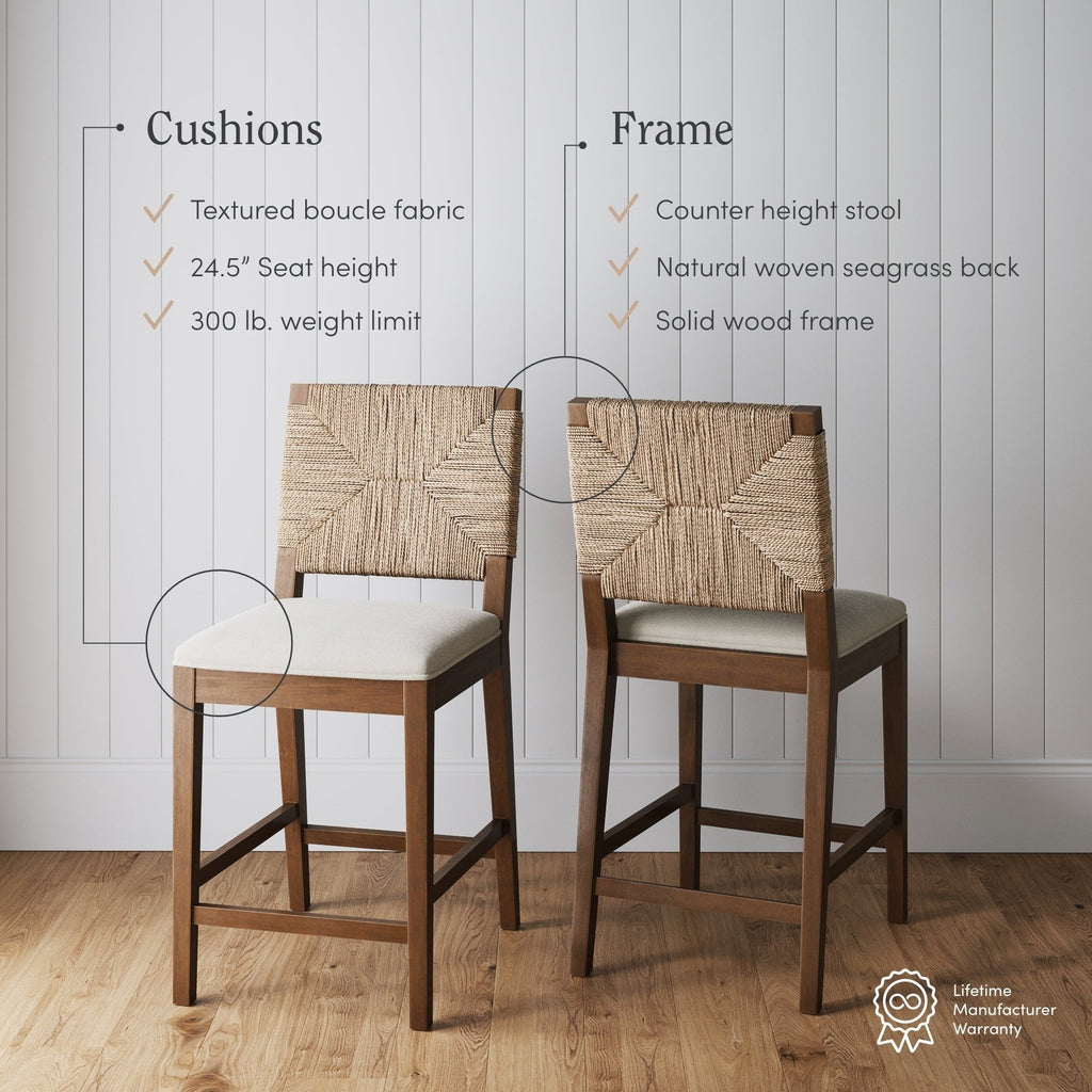 Tabouret de bar Beacon Bohemian Boucle, chaise de comptoir rembourrée avec cadre en bois massif et dossier en jonc de mer tressé