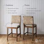 Tabouret de bar Beacon Bohemian Boucle, chaise de comptoir rembourrée avec cadre en bois massif et dossier en jonc de mer tressé
