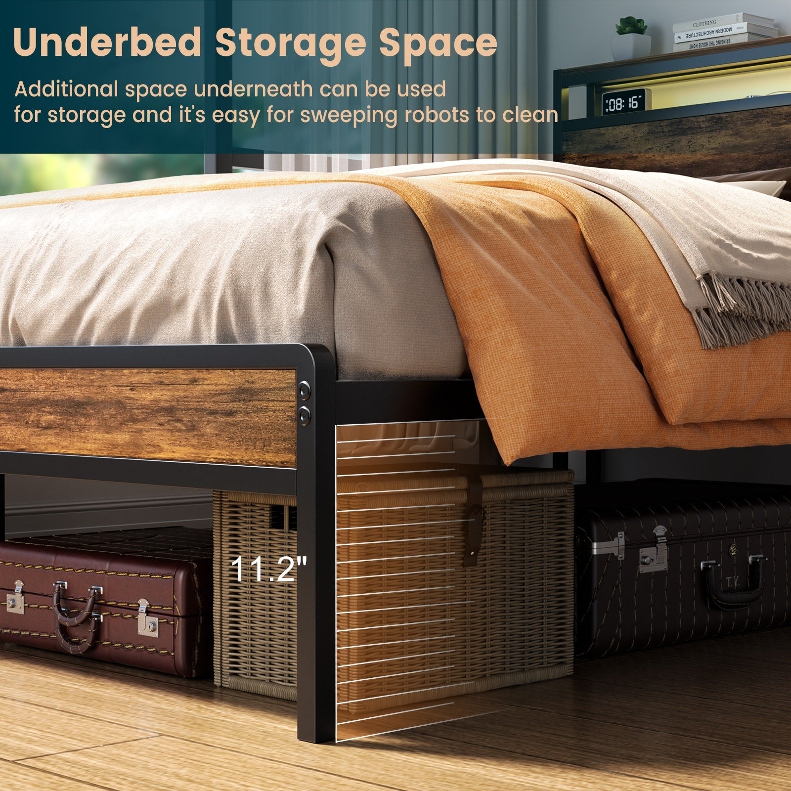 Farmhouse Wood Platform Bed Frame with Charged Station and LED Lights
