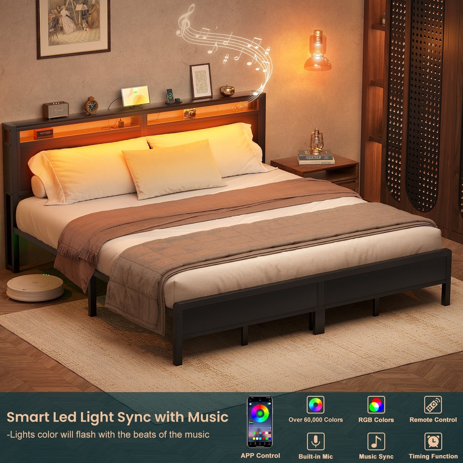 Farmhouse Wood Platform Bed Frame with Charged Station and LED Lights
