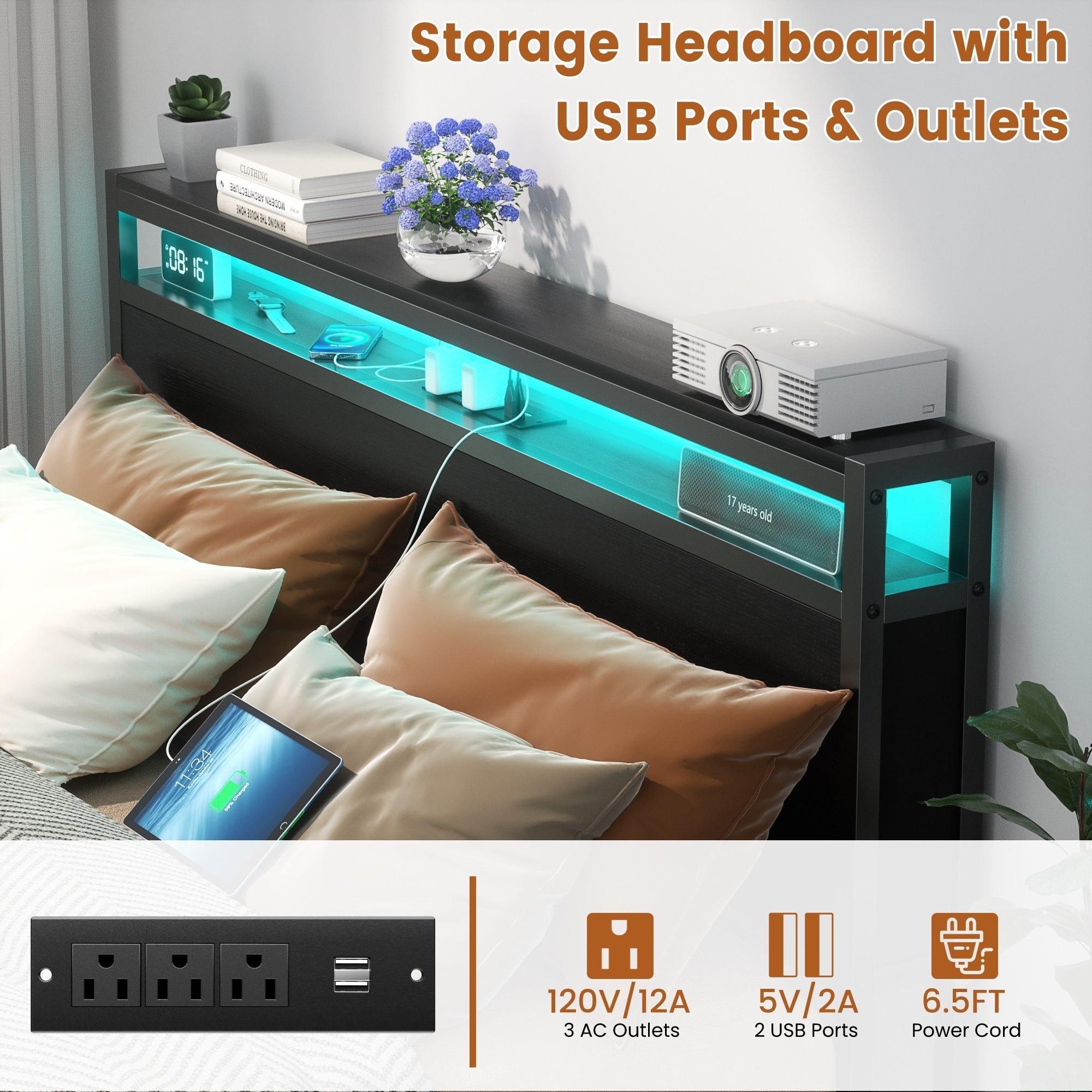 Farmhouse Wood Platform Bed Frame with Charged Station and LED Lights