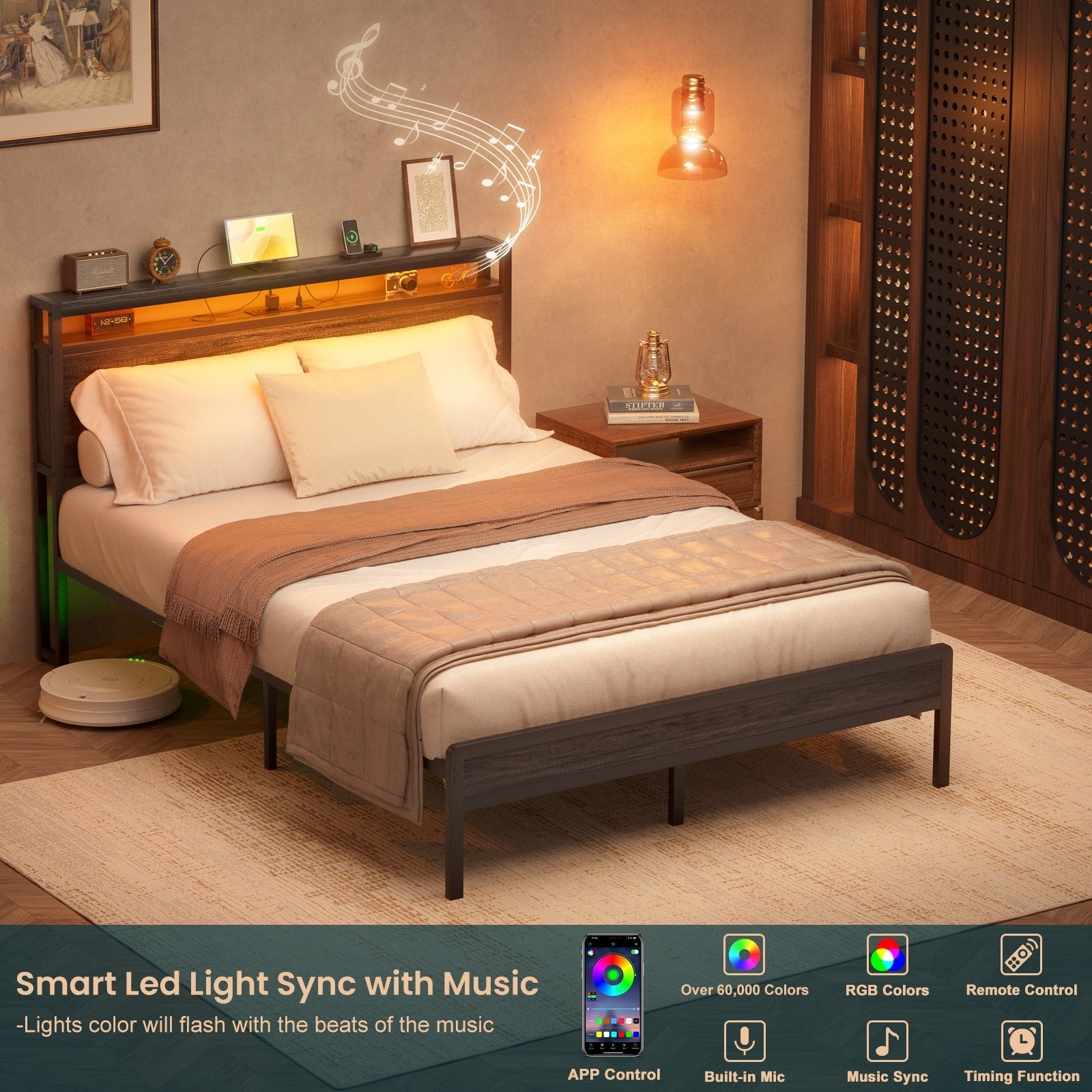 Farmhouse Wood Platform Bed Frame with Charged Station and LED Lights