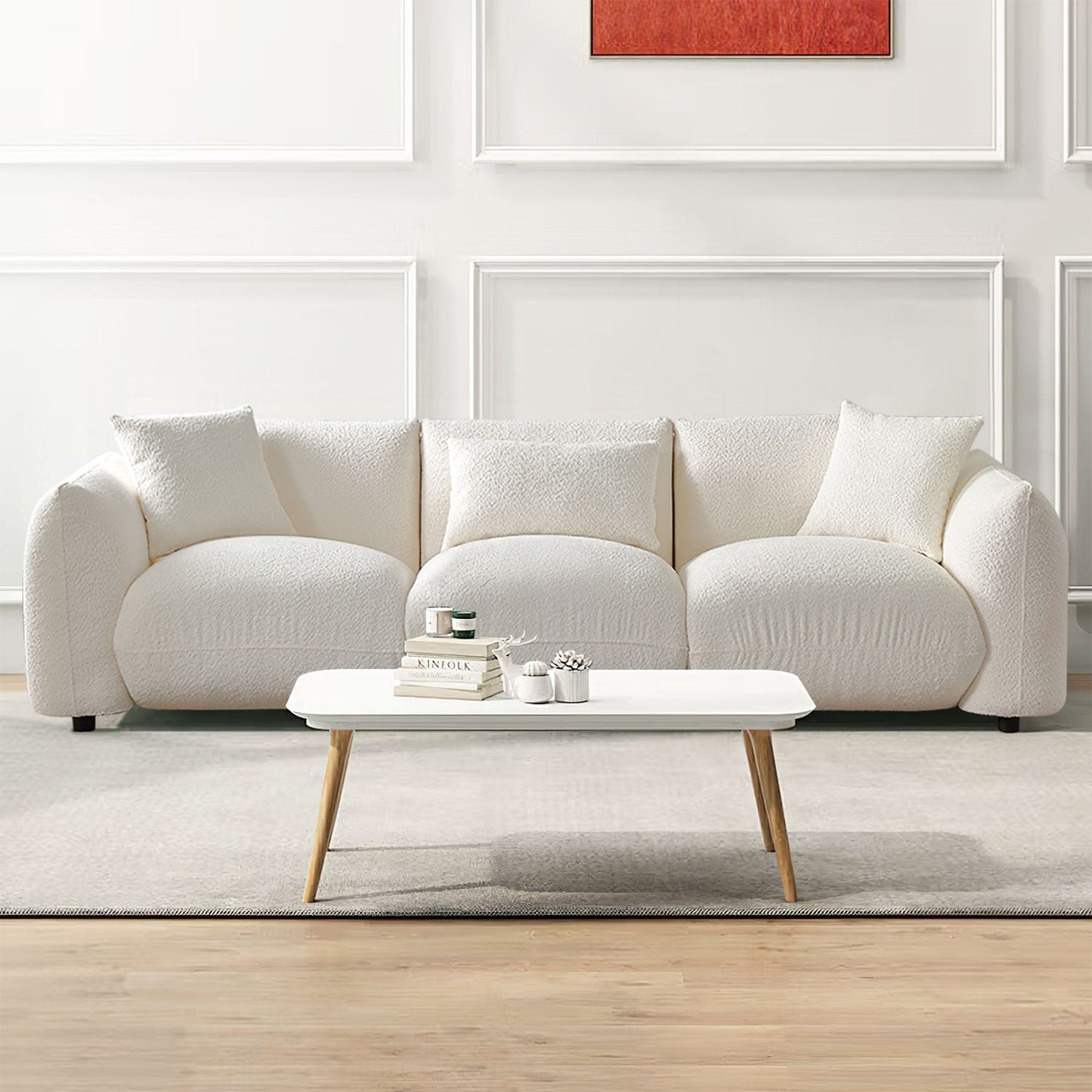 Canapé en tissu bouclé beige 102,36'' avec oreillers et coussin épais