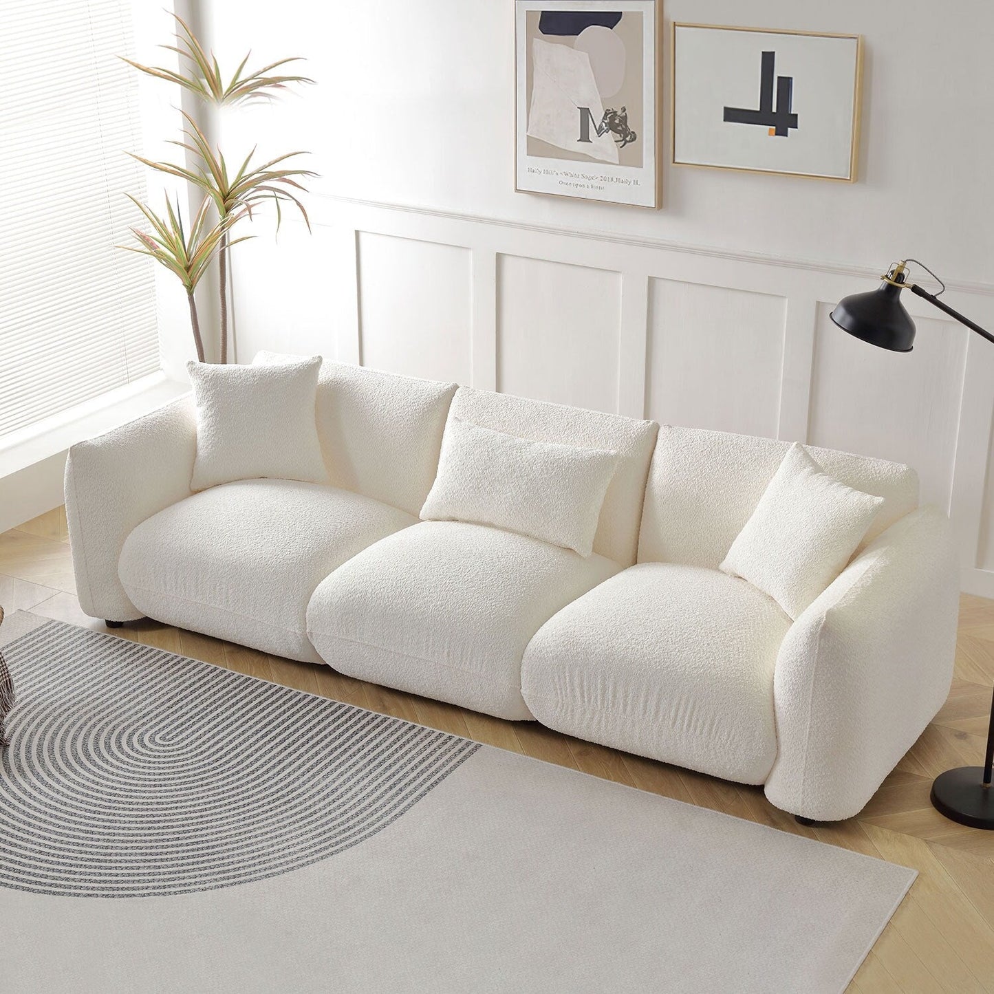 Canapé en tissu bouclé beige 102,36'' avec oreillers et coussin épais