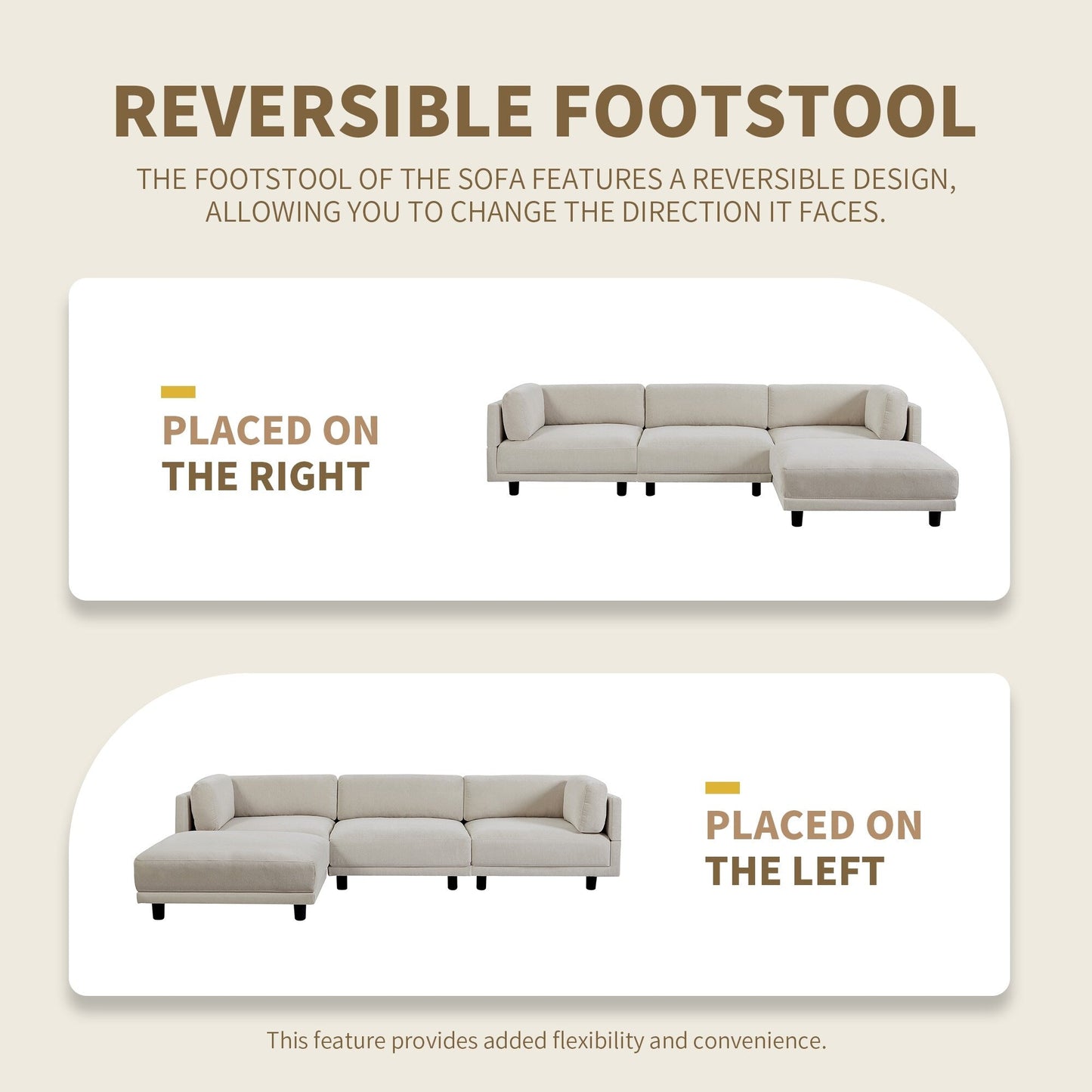 Canapé d'angle en polyester beige 102,4 pouces avec repose-pieds réversible, coussins épais et pieds en plastique