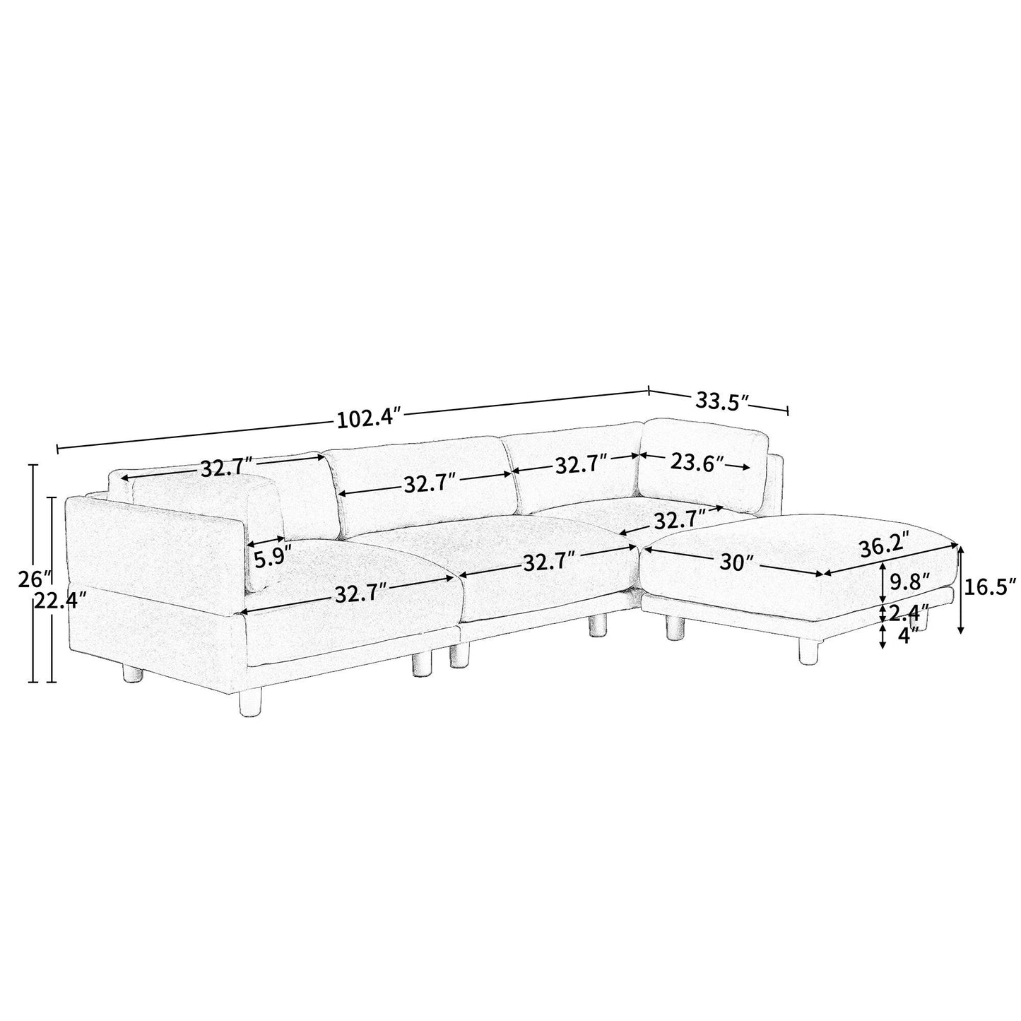 Canapé sectionnel en L beige 102,4 en polyester avec repose-pieds réversible, coussins épais et pieds en plastique résistants